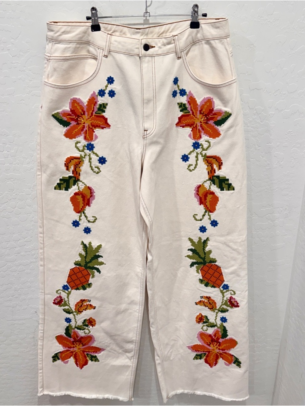 NWT Farm Rio White Embroidered Floral Twill Denim Wide Leg Pants Womens XL Boho